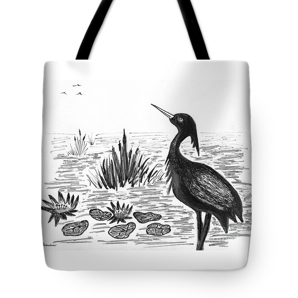 Blue Heron Tote Bag featuring the drawing Crowned Night Heron Lily Pond Paradise in Ink D1 by Ricardos Creations