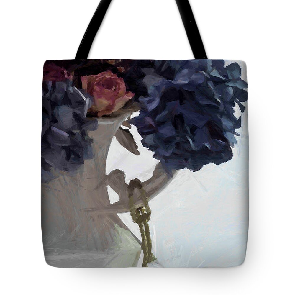 Hydrangeas Tote Bag featuring the digital art Blue Hydrangeas - Digital Gouache by Sandra Foster
