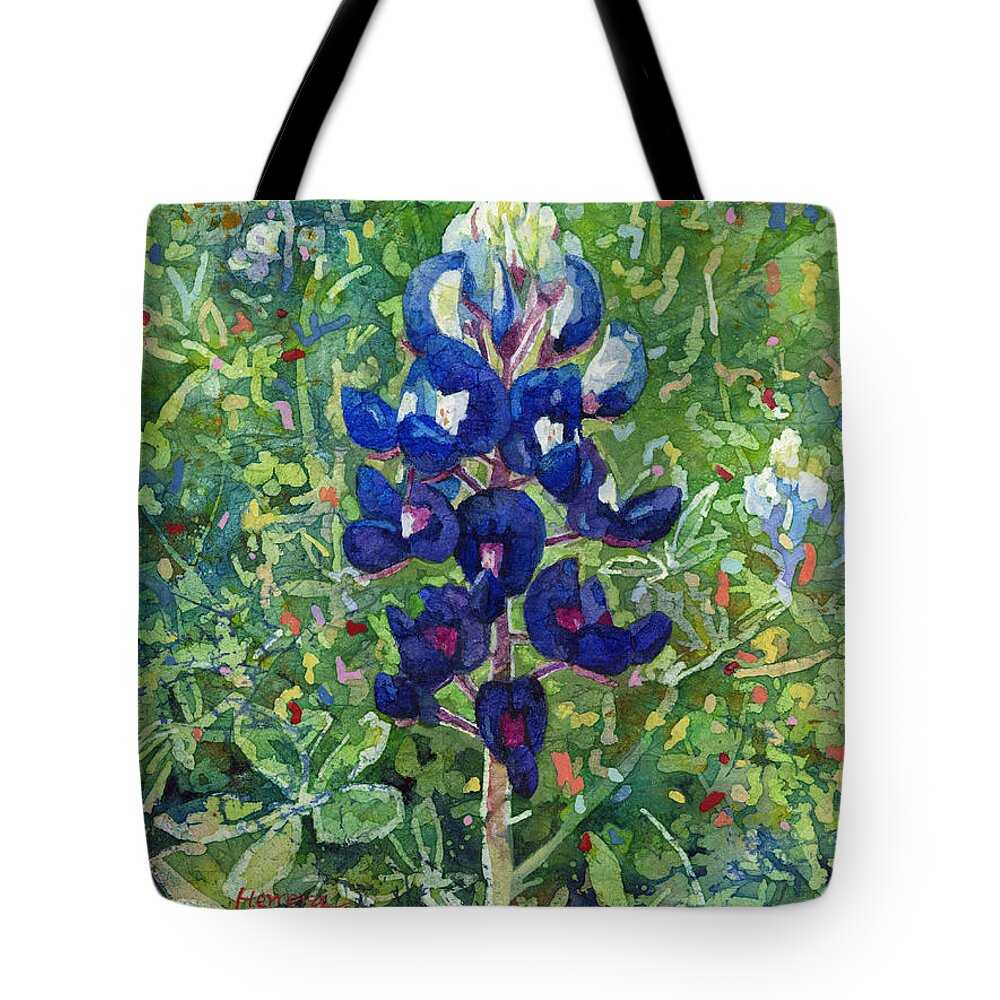 Bluebonnet Tote Bag featuring the painting Blue in Bloom 2 by Hailey E Herrera