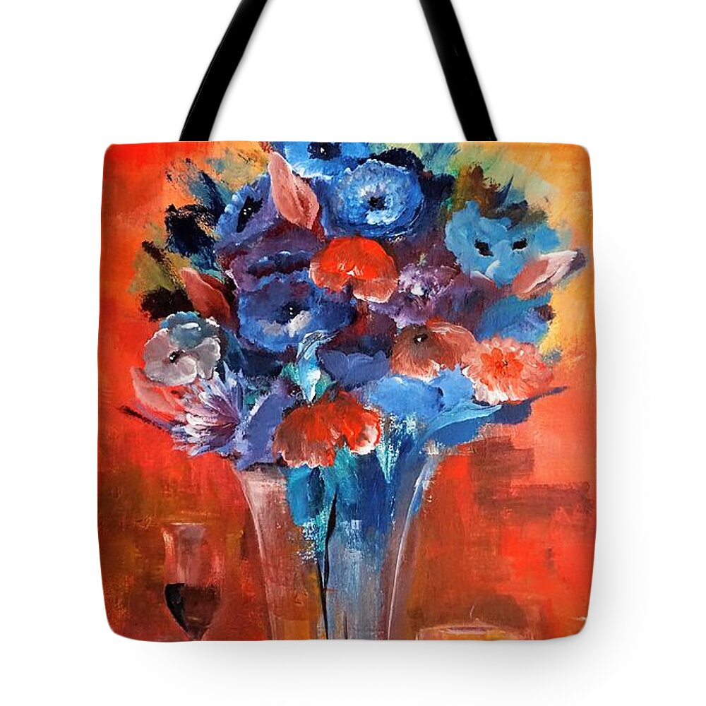 Blue Tote Bag featuring the painting Blue In The Warmth Of Candlelight by Lisa Kaiser