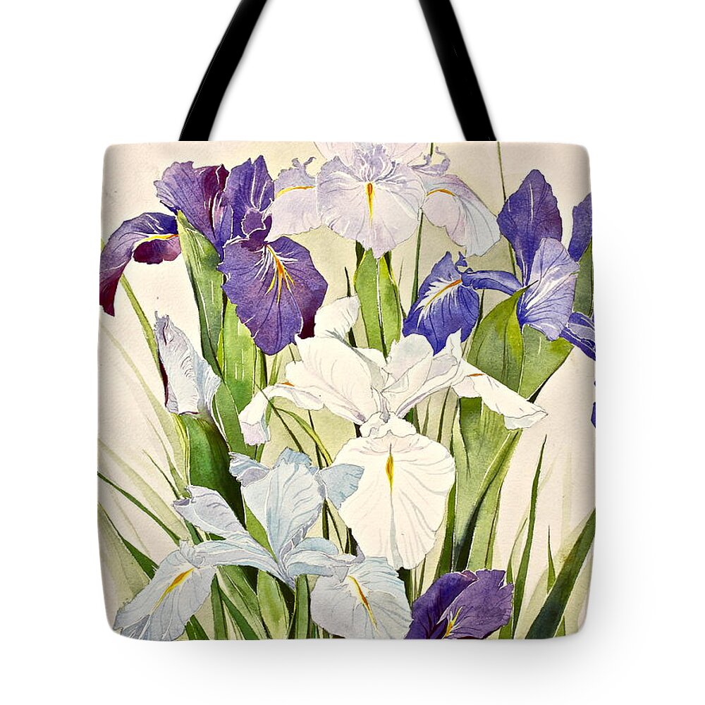 Water Color Tote Bag featuring the painting Blue Irises-Posthumously presented paintings of Sachi Spohn by Cliff Spohn