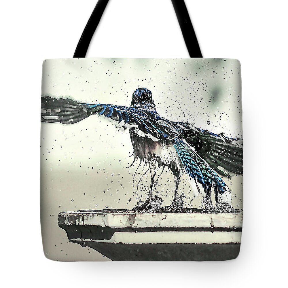Nature Tote Bag featuring the photograph Blue Jay Bath Time by Scott Cordell