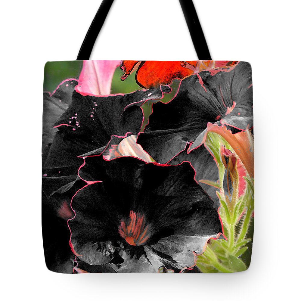 Black;white;green;red;pink;petunia;flower;contrast Tote Bag featuring the digital art Blue by Leon deVose