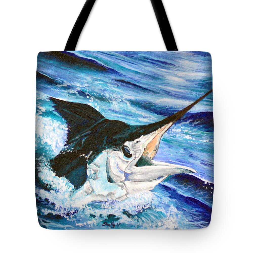 Marlin Tote Bag featuring the painting Blue Marlin Watching You Watch Him Mini by Shelly Tschupp