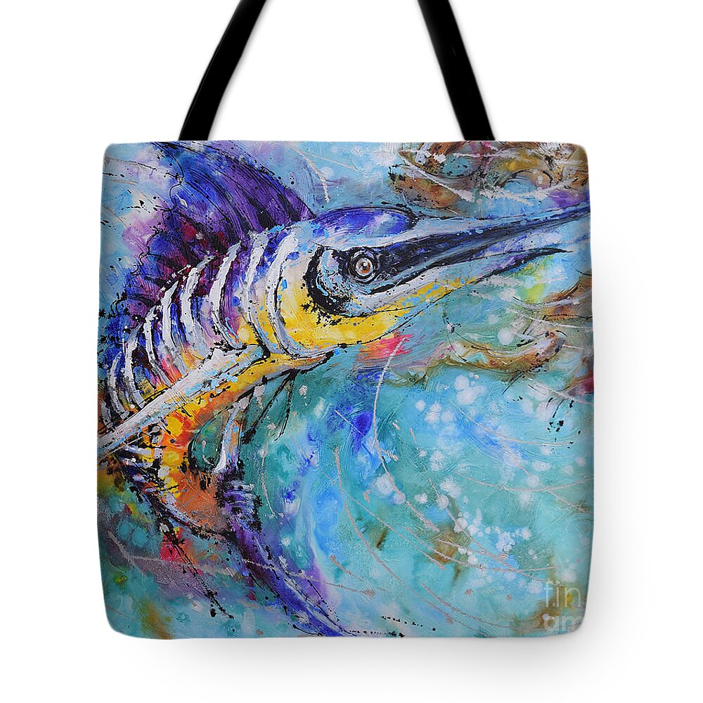 Blue Marlin's Twist Tote Bag featuring the painting Blue Marlin's Twist by Jyotika Shroff