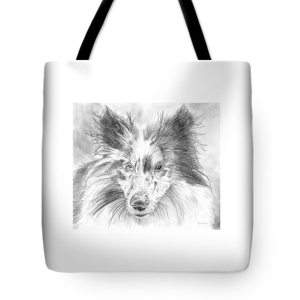 Schooner Tote Bag featuring the painting Blue Merle Sheltie Graphite Drawing by Amy Kirkpatrick
