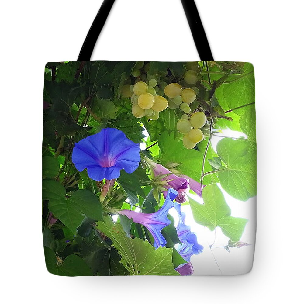 Floral Tote Bag featuring the photograph Blue Morning Glories and Grapes by Lainie Wrightson