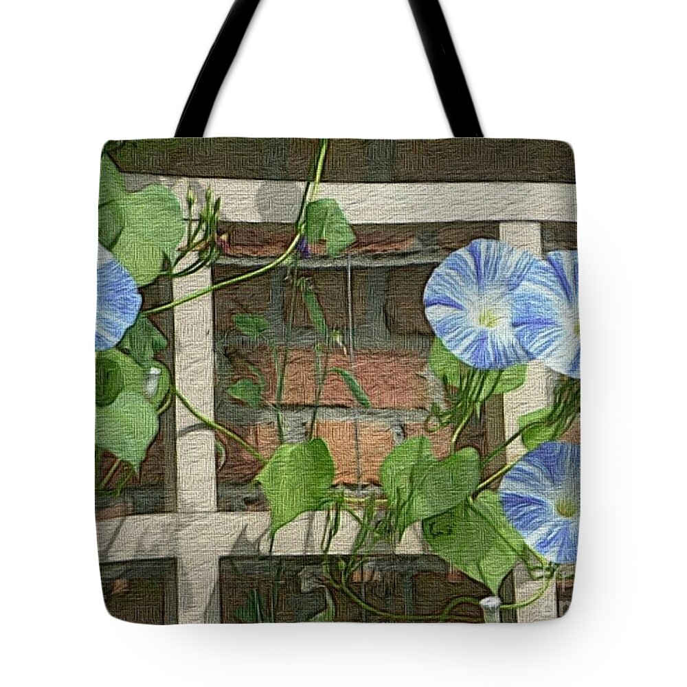Photographic Art Tote Bag featuring the digital art Blue Morning Glories by Kathie Chicoine