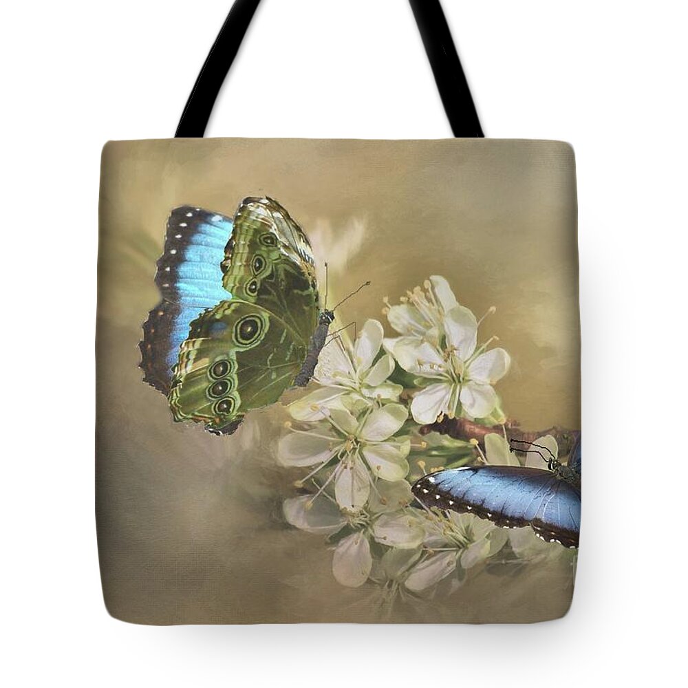 Butterfly Tote Bag featuring the digital art Blue Morpho in Spring by Janette Boyd