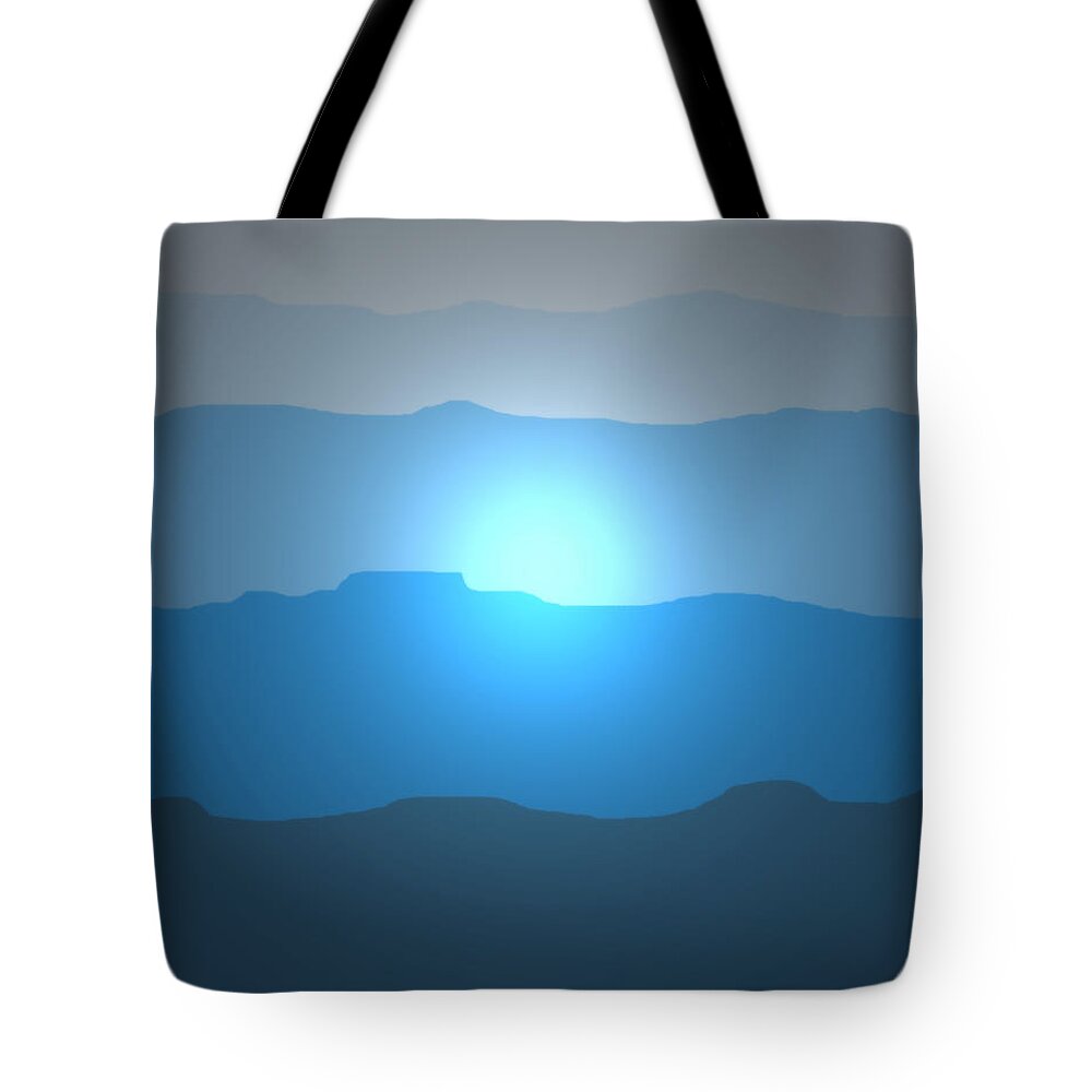 Landscape Tote Bag featuring the digital art Blue Mountain Sun by David Stasiak