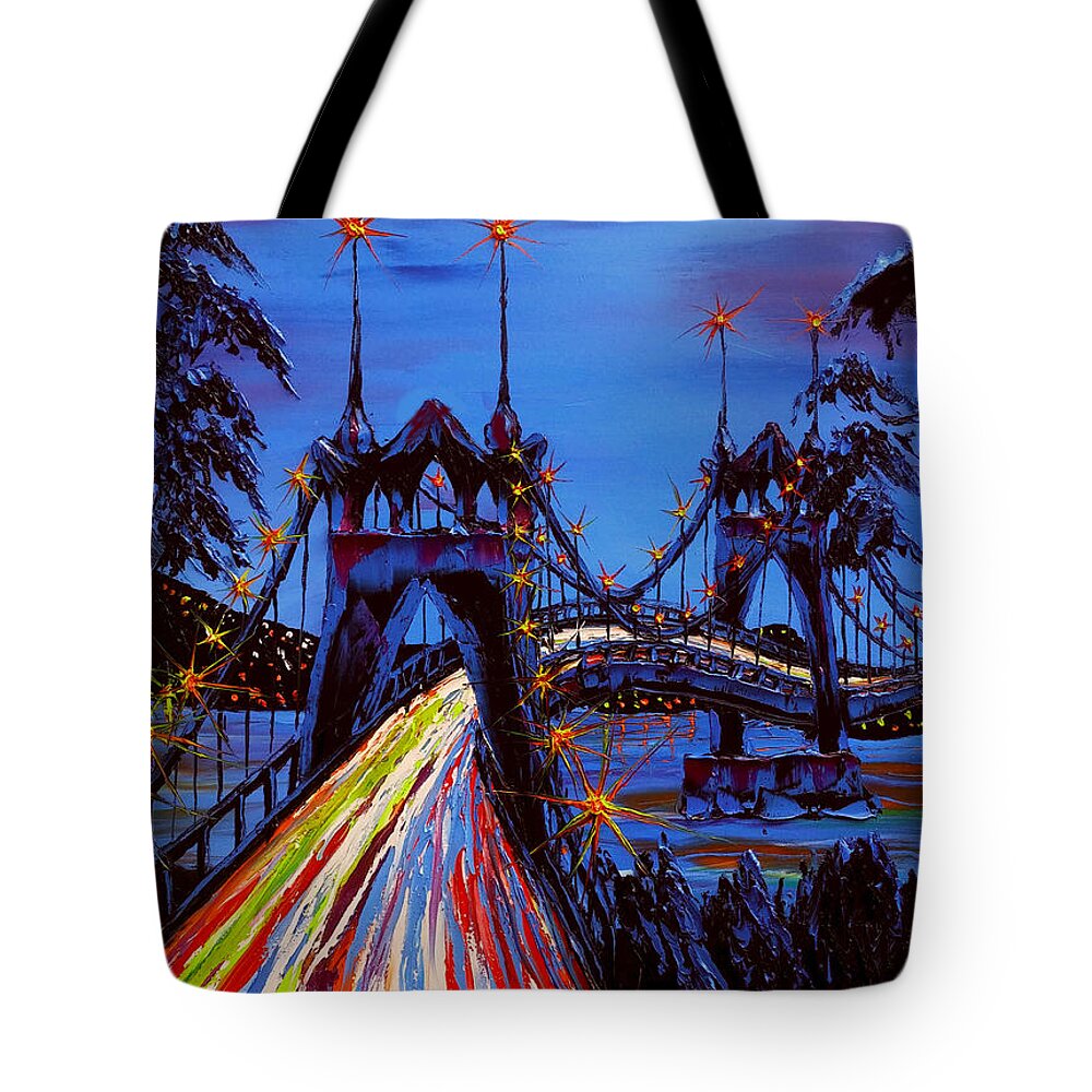  Tote Bag featuring the painting Blue Night Of St. John's Bridge #29 by James Dunbar