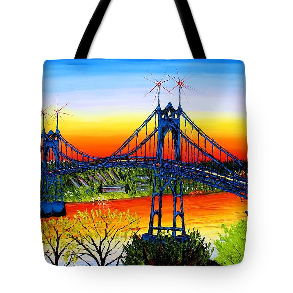  Tote Bag featuring the painting Blue Night Of St. Johns Bridge At Sunset #3 by James Dunbar