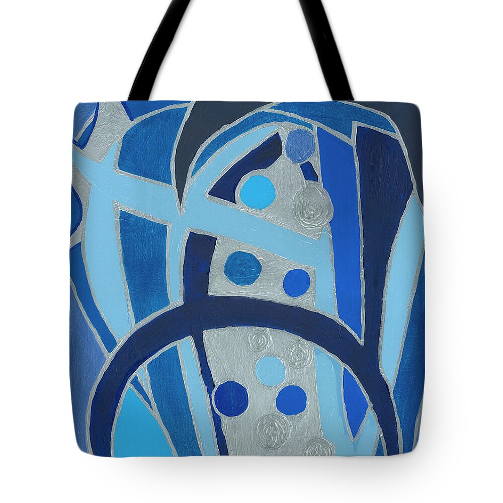 Geometric Tote Bag featuring the painting Blue on Silver by Ania M Milo