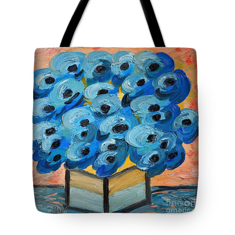 Blue Poppy Tote Bag featuring the painting Blue Poppies in Square Vase by Ramona Matei