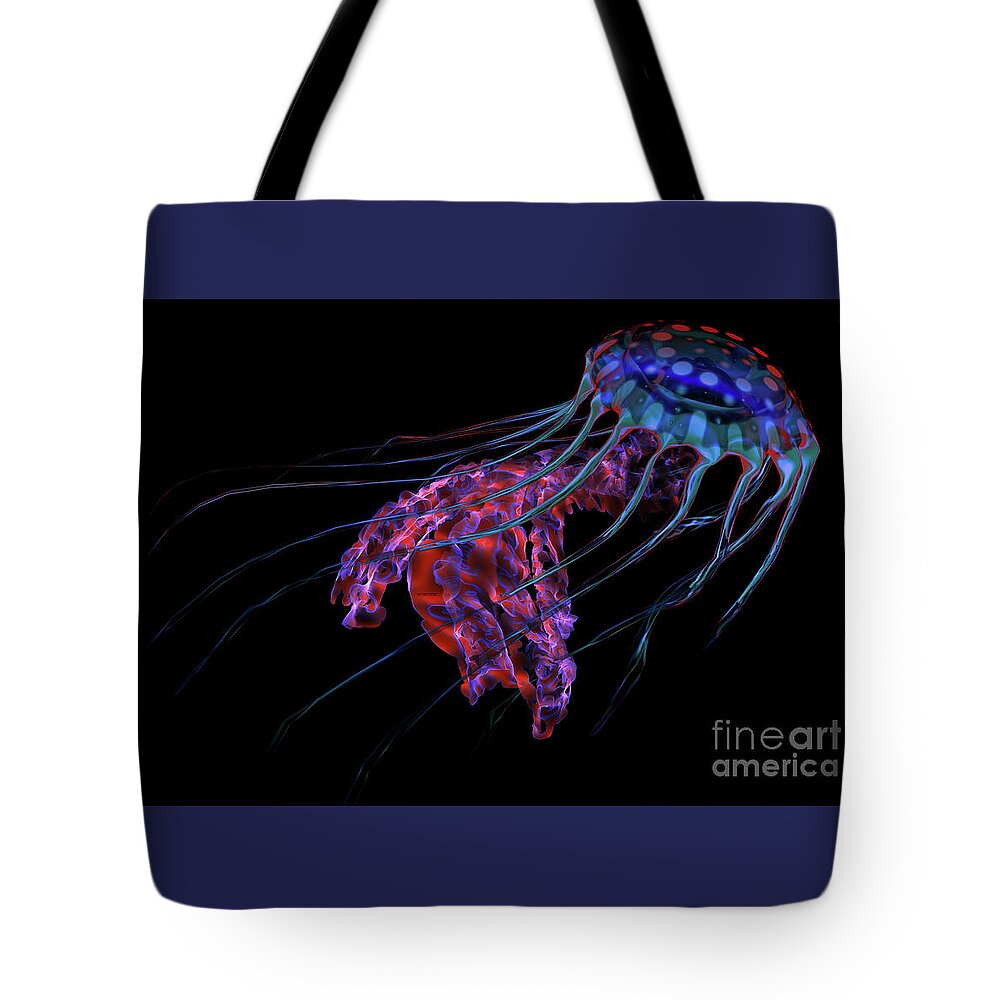 Jellyfish Tote Bag featuring the digital art Blue Red Jellyfish on Black by Corey Ford