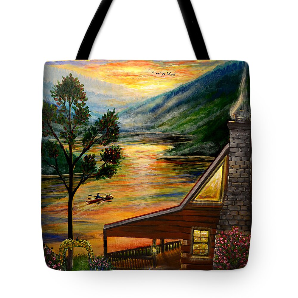 Blue Ridge Mountains Tote Bag featuring the painting Blue Ridge Mountain Lakeside Cabin by Pat Davidson