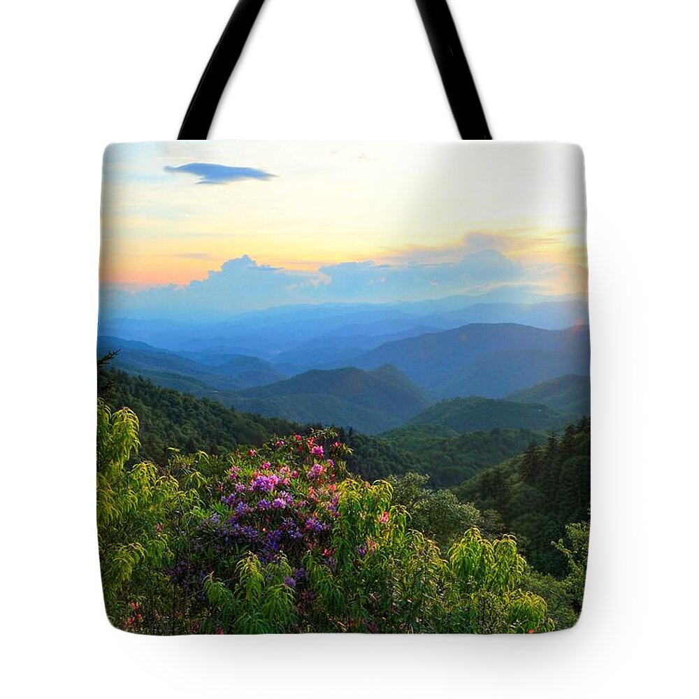 Carol Montoya Tote Bag featuring the photograph Blue Ridge Parkway And Rhododendron by Carol Montoya