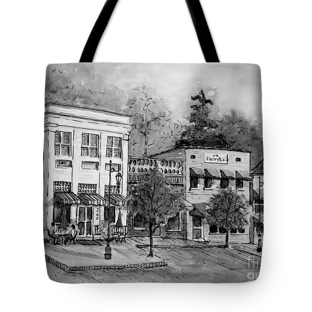 Blue Ridge Tote Bag featuring the painting Blue Ridge Town in BW by Gretchen Allen