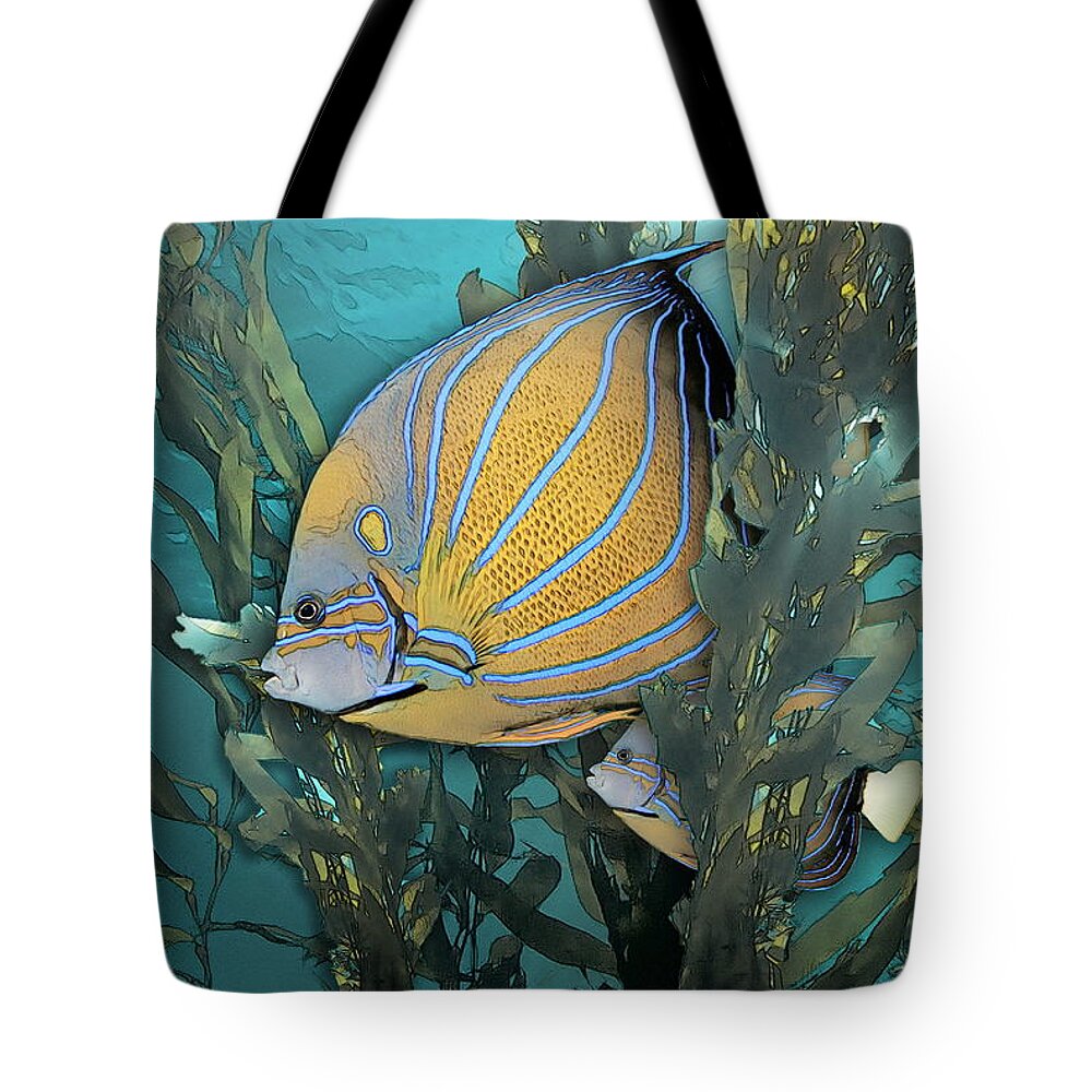 Blue Ring Angelfish Tote Bag featuring the photograph Blue Ring Angelfish in Kelp by Russ Harris