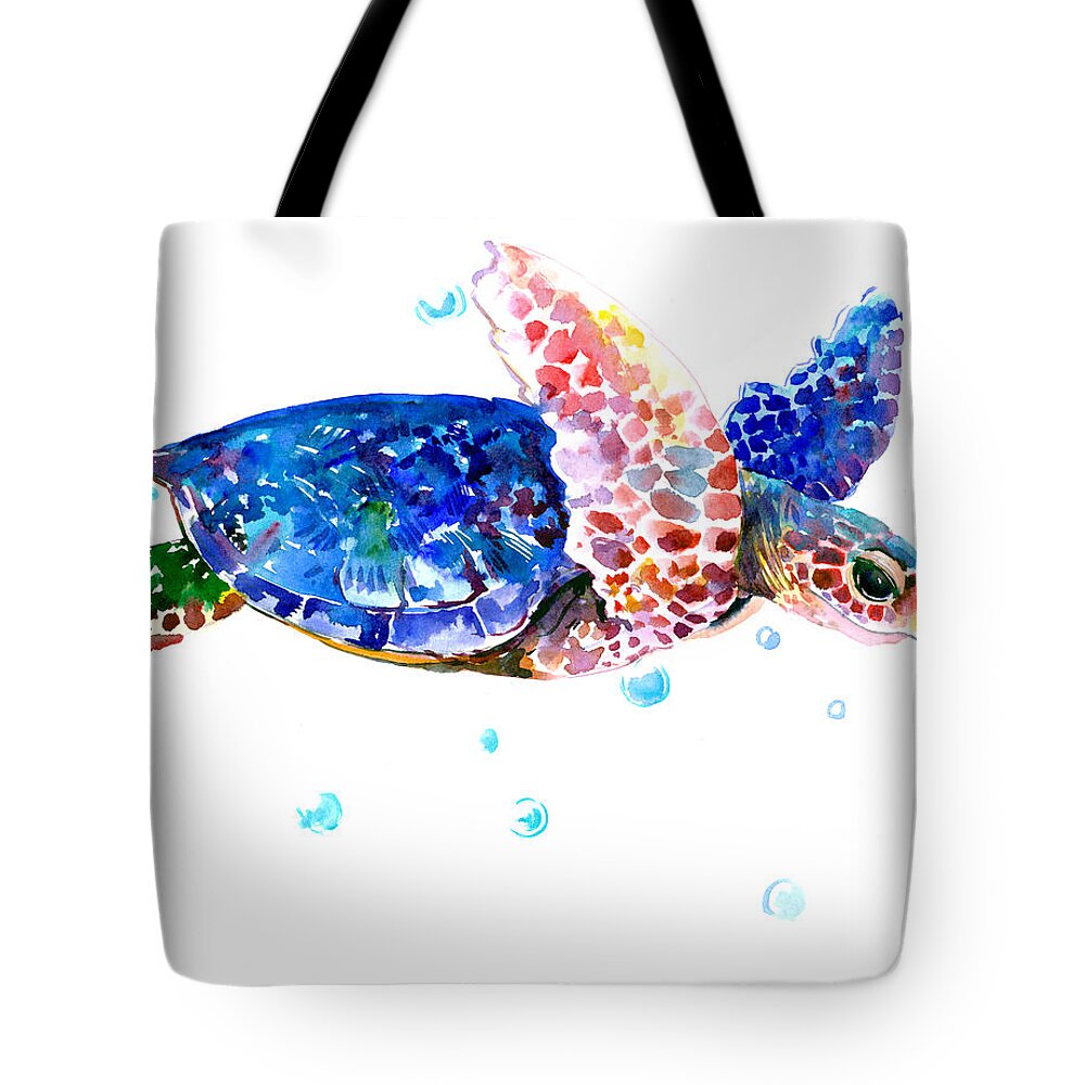 Sea Turtle Tote Bag featuring the painting Blue Sea Turtle by Suren Nersisyan
