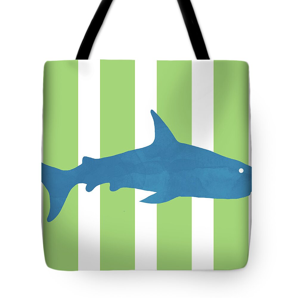 Shark Tote Bag featuring the mixed media Blue Shark 2- Art by Linda Woods by Linda Woods