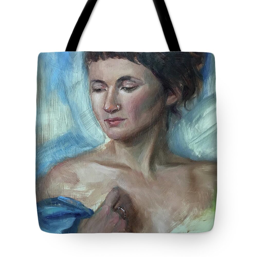 Portrait Tote Bag featuring the painting Blue Shawl by Emily Olson