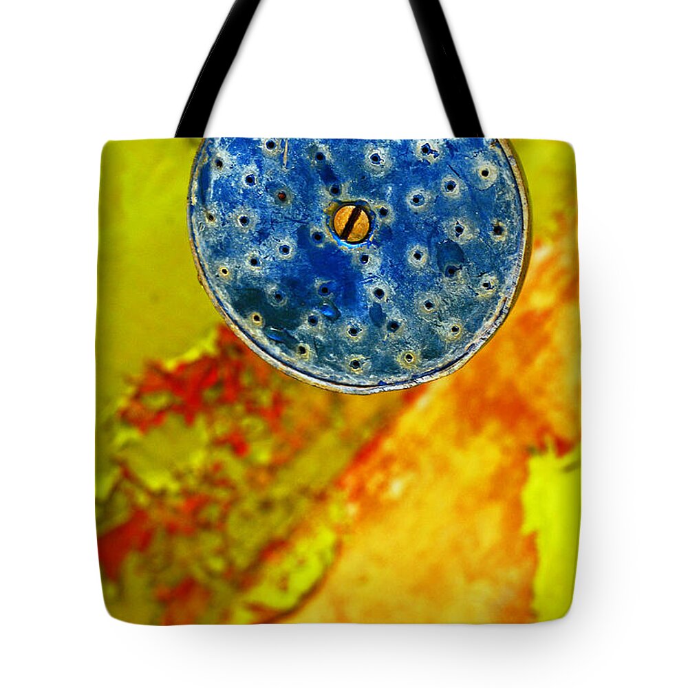 Shadow Tote Bag featuring the photograph Blue Shower Head by Skip Hunt