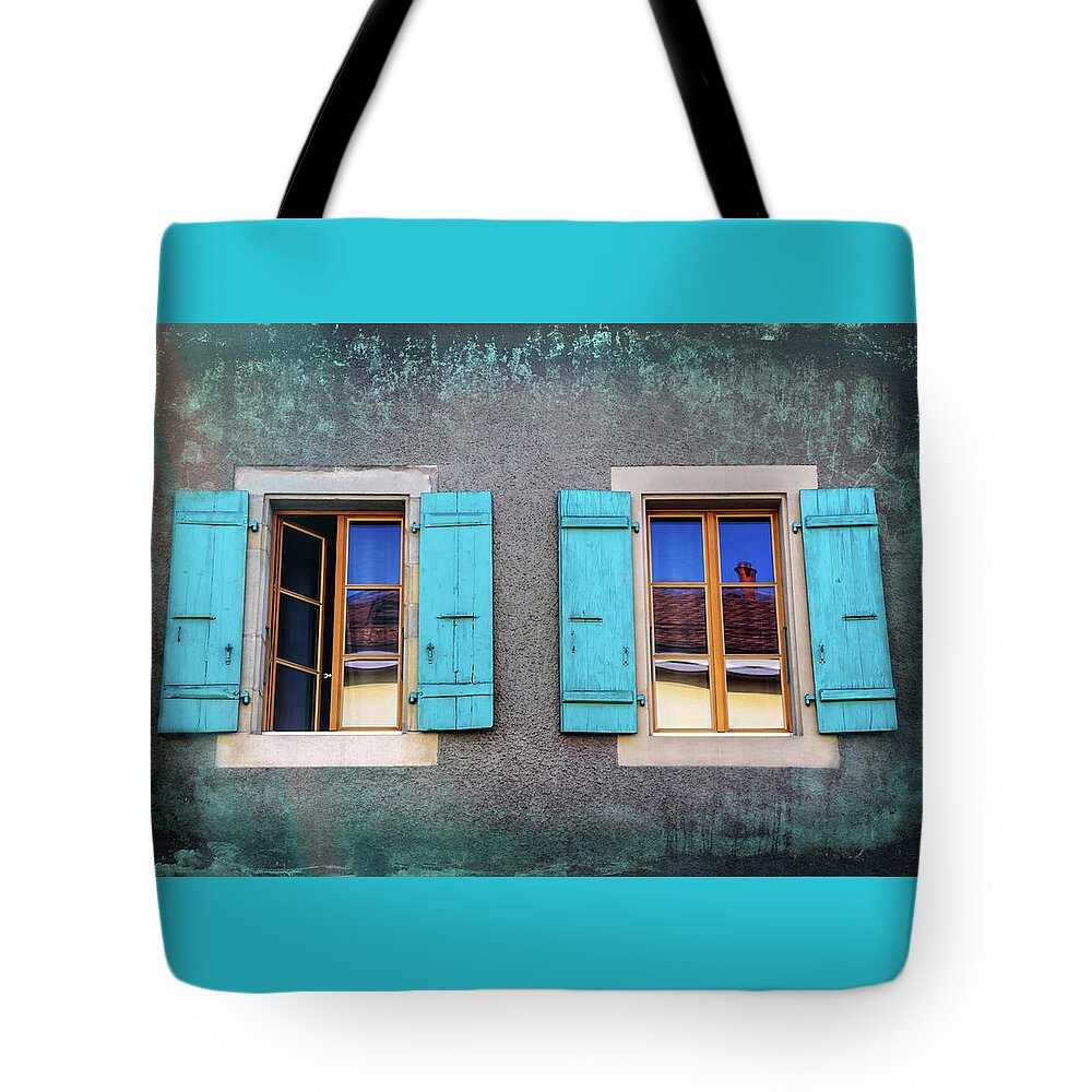 Geneva Tote Bag featuring the photograph Blue Shuttered Windows in Carouge Geneva by Carol Japp
