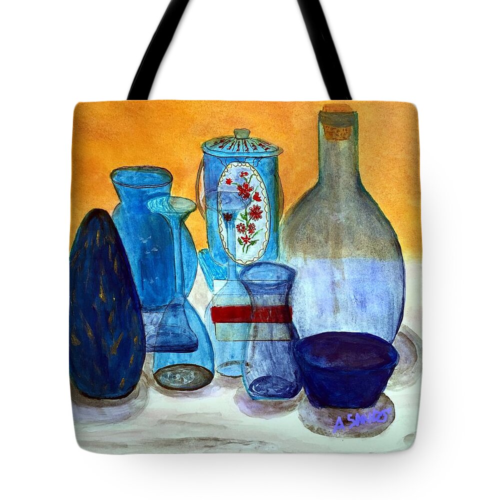 Blue Tote Bag featuring the painting Blue still life by Anne Sands
