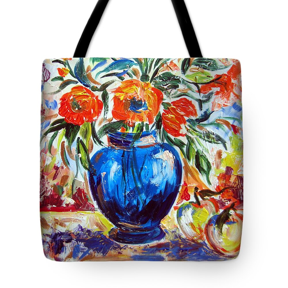 Still Life Tote Bag featuring the painting Blue Vase Flowers and apples by Roberto Gagliardi