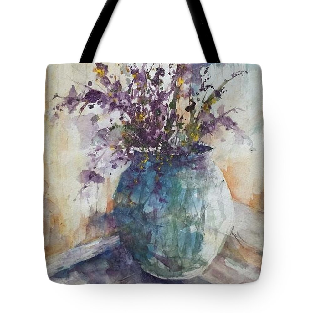 Wildflowers Tote Bag featuring the painting Blue Vase of Lavender and Wildflowers aka Vase Bleu Lavande et Wildflowers by Robin Miller-Bookhout