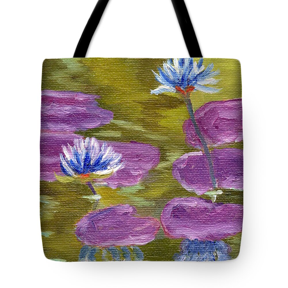 Abstract Tote Bag featuring the painting Blue Water Lilies by Marcy Brennan