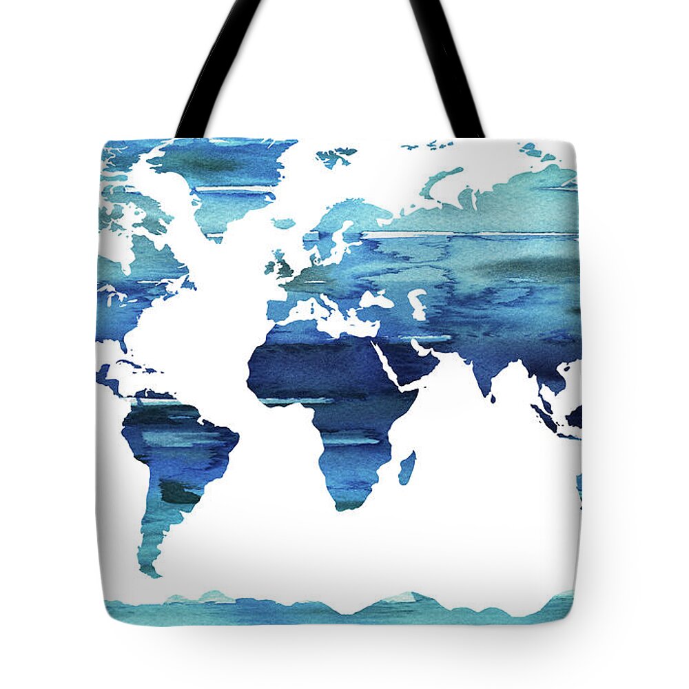 Blue Tote Bag featuring the painting Blue Watercolor Earth World Map by Irina Sztukowski