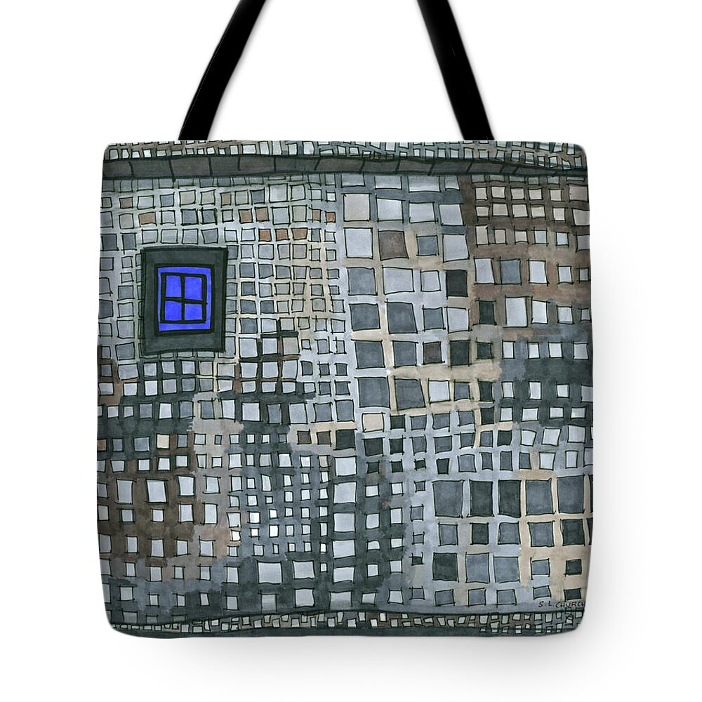 Abstract Tote Bag featuring the drawing Blue Blue Windows by Sandra Church