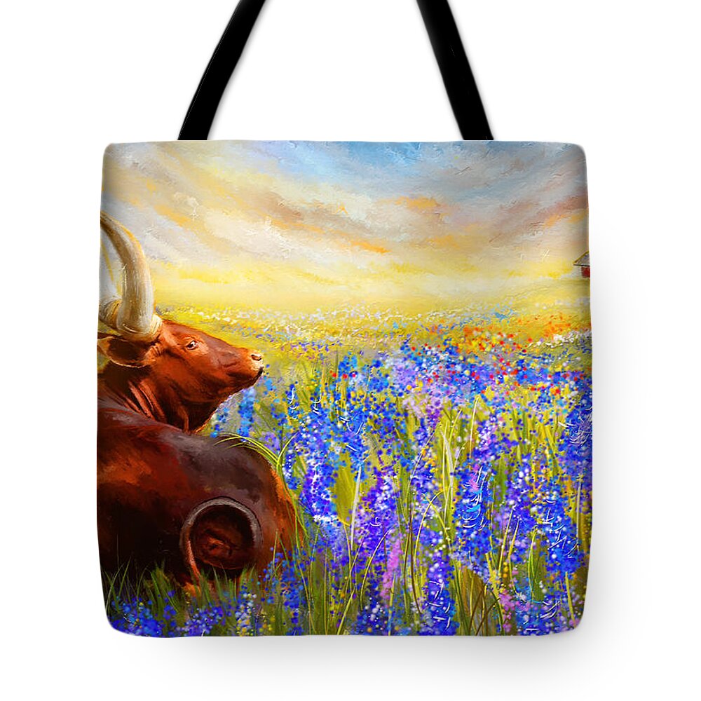 Texas Longhorn Tote Bag featuring the painting Bluebonnet Dream - Bluebonnet Paintings by Lourry Legarde