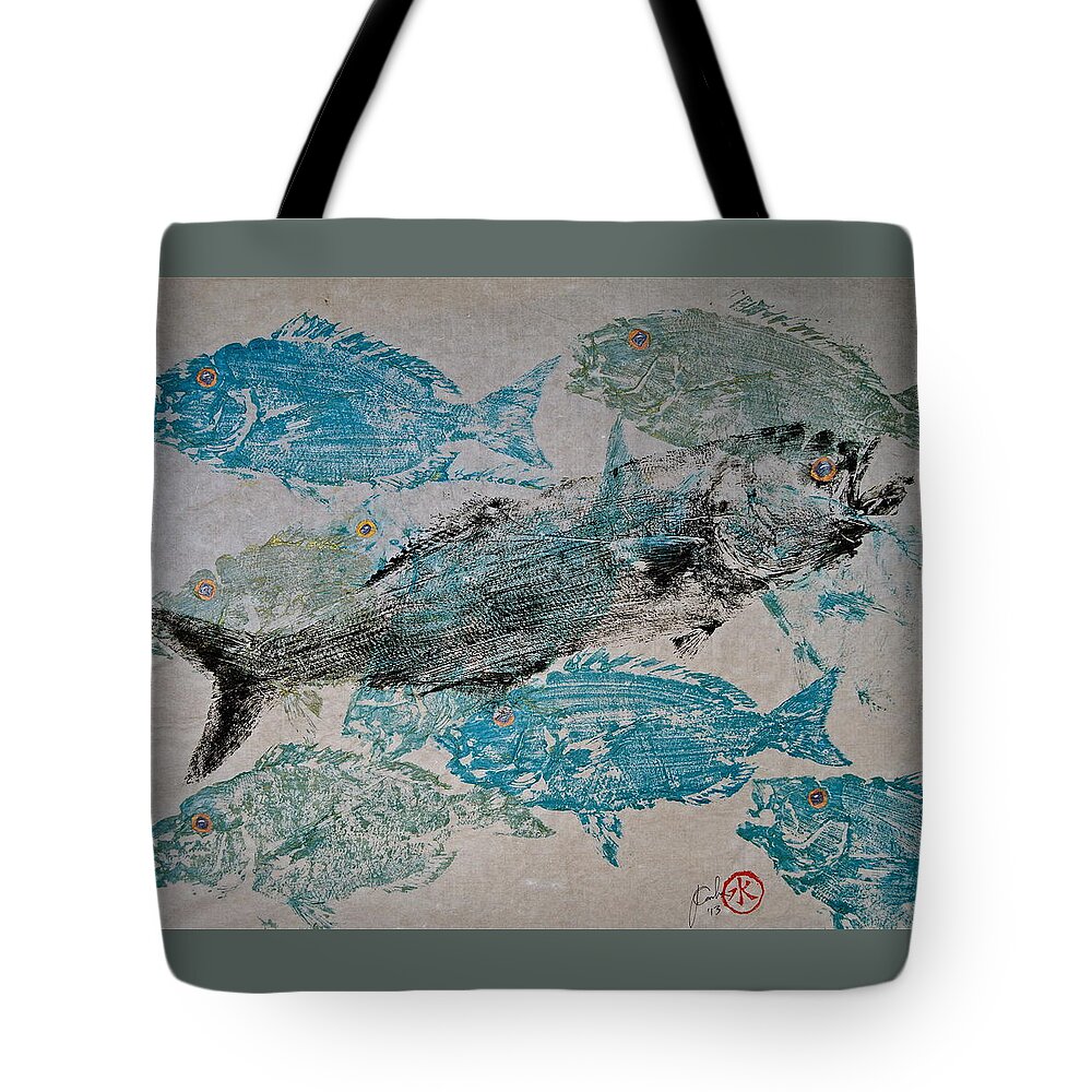 Bluefish Tote Bag featuring the mixed media Bluefish Delight - Lunchtime by Jeffrey Canha