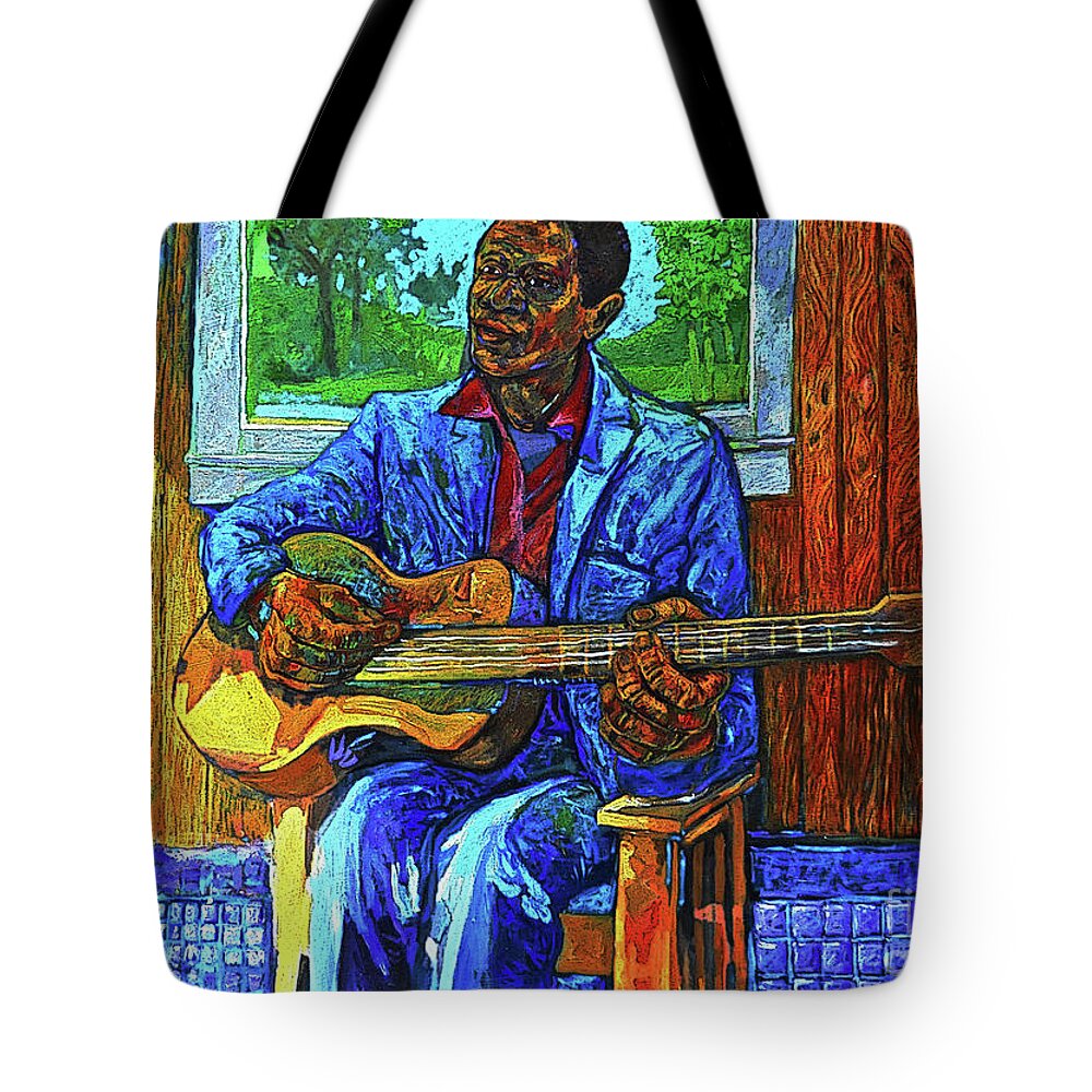 Blues Tote Bag featuring the painting Bluesman, fish and hot sause by Joe Roache