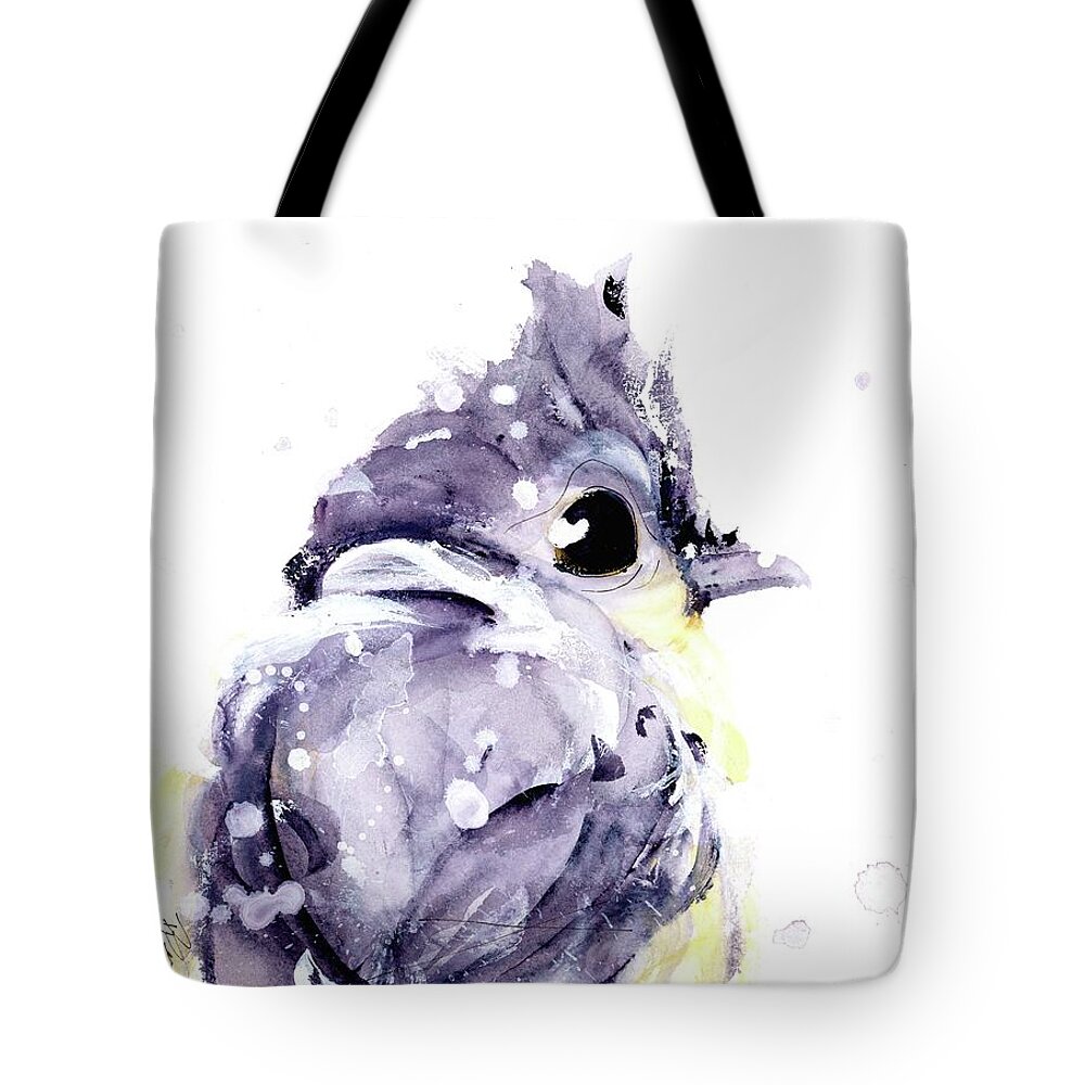 Bird In Snow Tote Bag featuring the painting Blustery by Dawn Derman