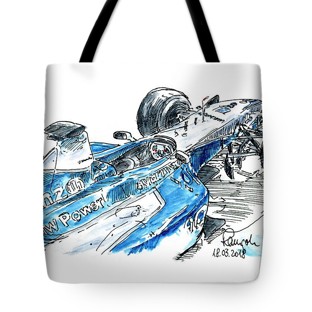 Formula 1 Tote Bag featuring the drawing BMW-Williams FW 23-05 F1 Racecar Ink Drawing and Watercolor by Frank Ramspott