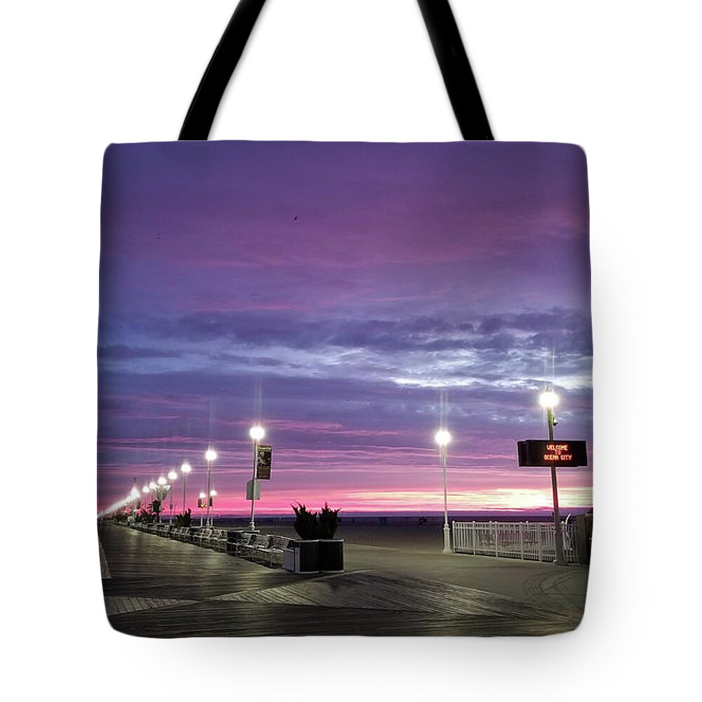 Ocean City Tote Bag featuring the photograph Boards Under Colorful Skies by Robert Banach