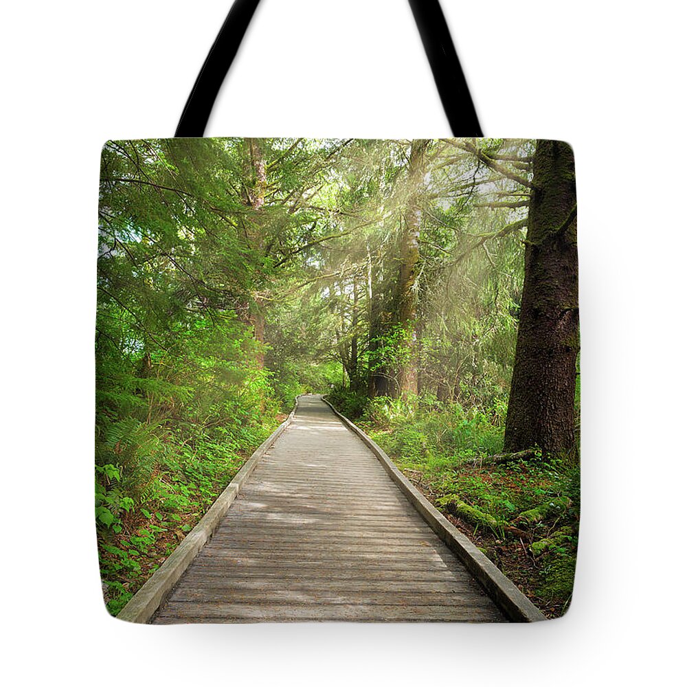 Hiking Tote Bag featuring the photograph Boardwalk along Hiking Trail at Fort Clatsop by David Gn