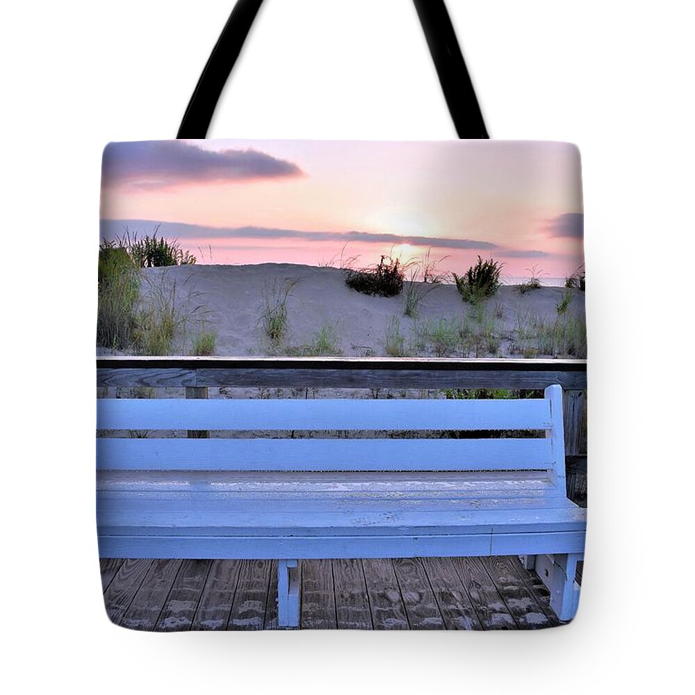 Boardwalk Tote Bag featuring the photograph A Welcome Invitation - The Boardwalk Bench by Kim Bemis