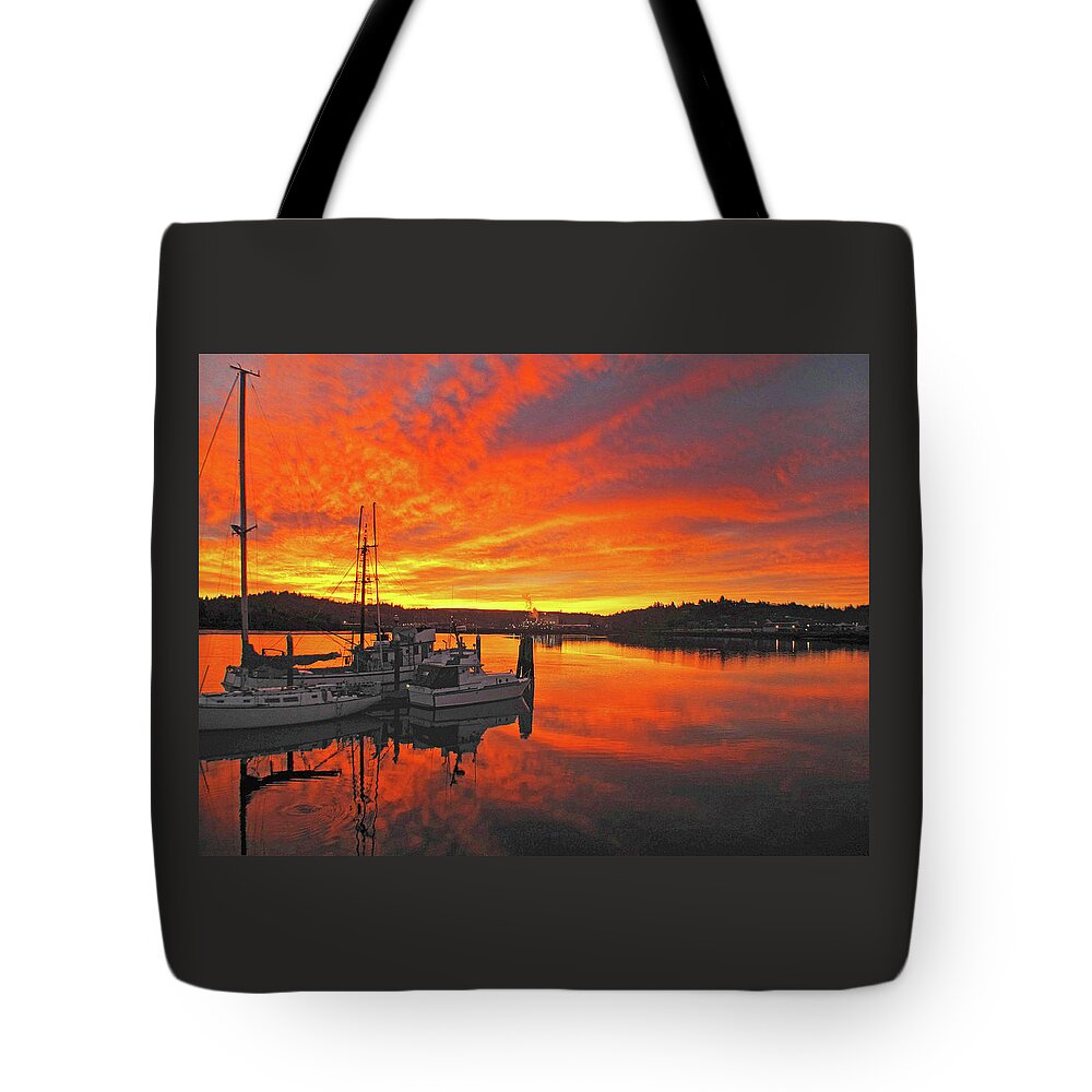 Coos Bay Boardwalk Tote Bag featuring the photograph Boardwalk Brilliance with Fish Ring by Suzy Piatt