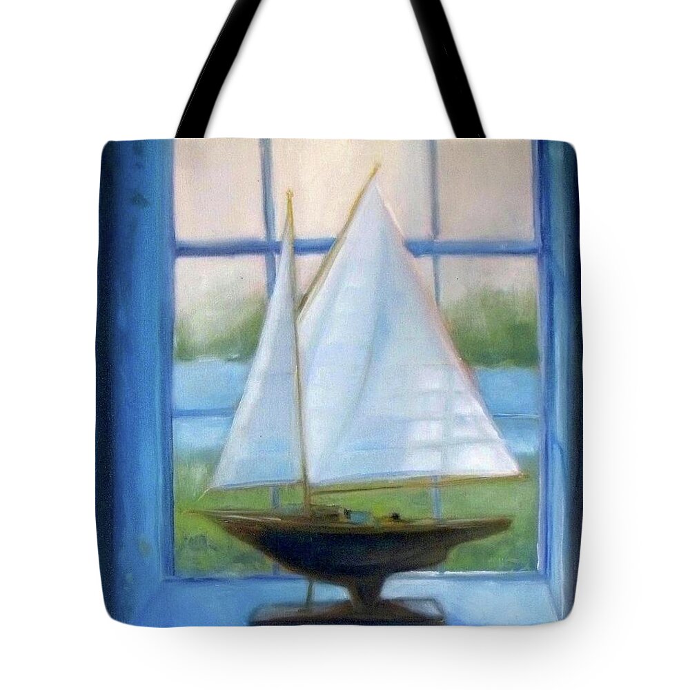 Sailboat Tote Bag featuring the painting Boat in the Window by Mary Hubley