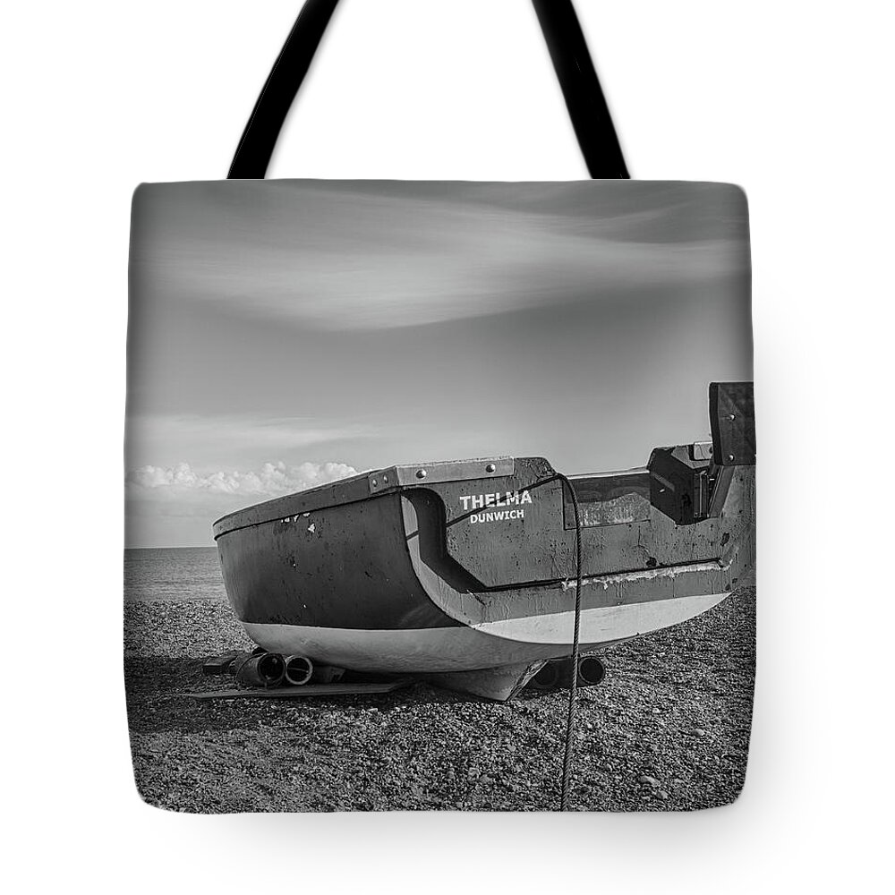 Dunwich Tote Bag featuring the photograph Boat on the Beach in B and W by Leah Palmer