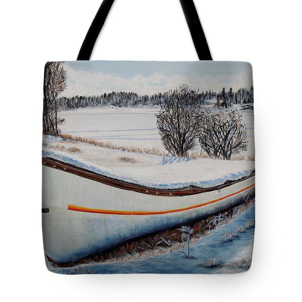 Boat Tote Bag featuring the painting Boat under snow by Marilyn McNish