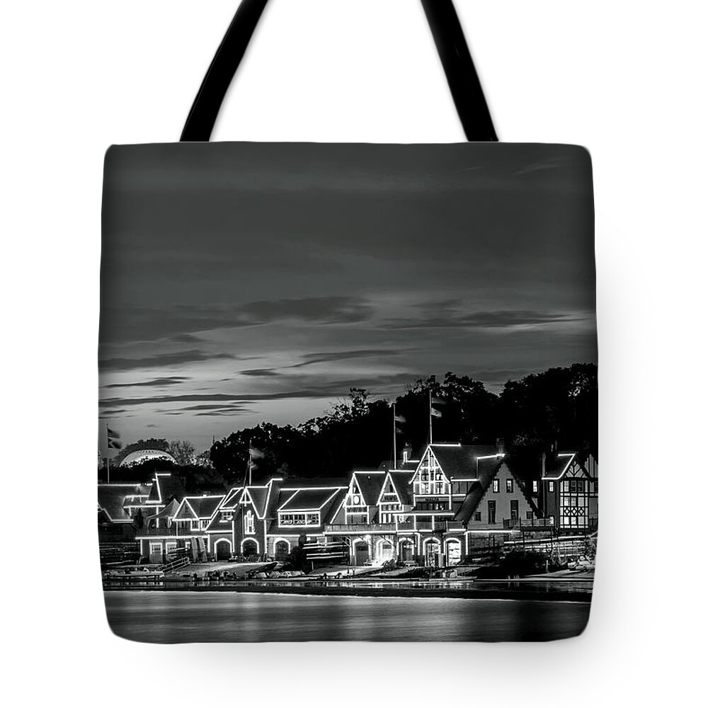 Terry D Photography Tote Bag featuring the photograph Boathouse Row Philadelphia Pa Night Black and White by Terry DeLuco
