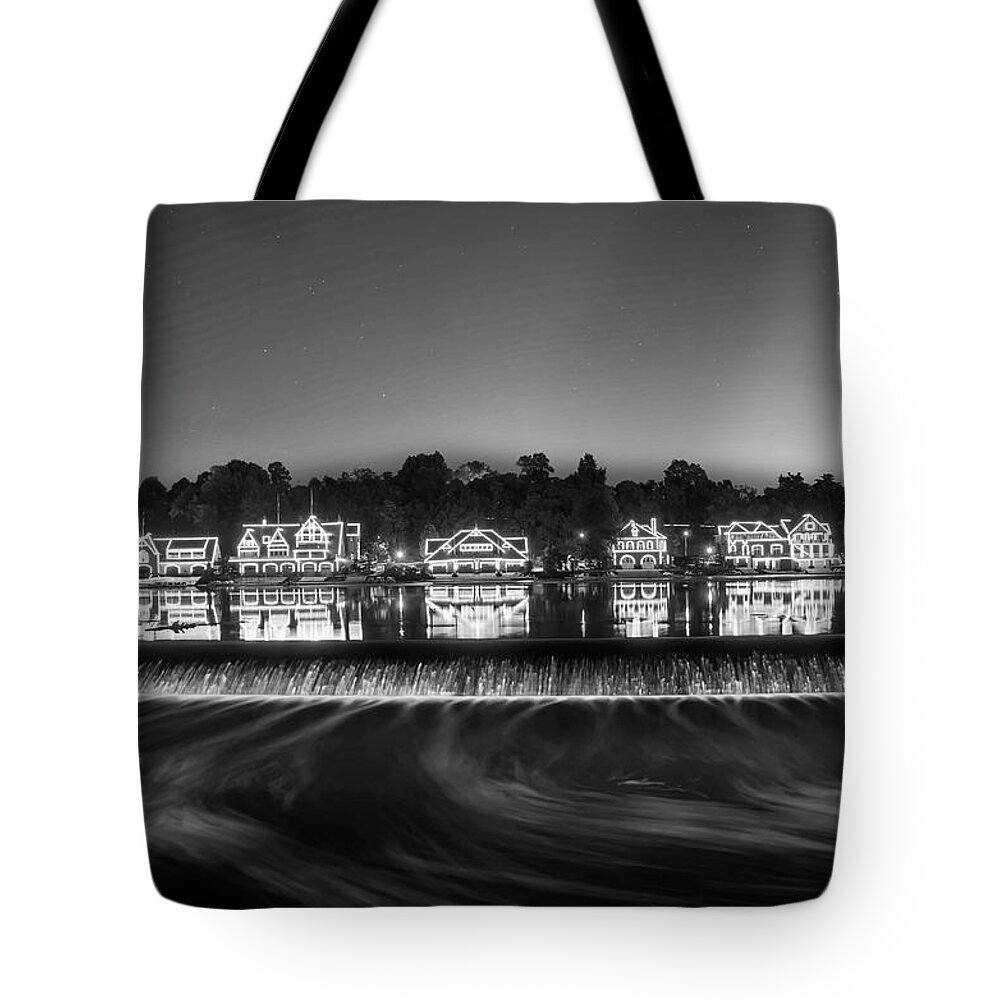Boathouse Tote Bag featuring the photograph Boathouse Row Sparkling in the Night in Black and White by Bill Cannon