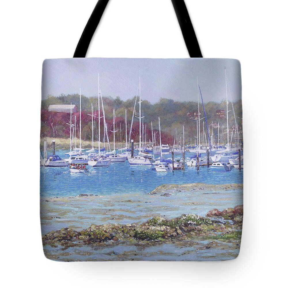 Boats Tote Bag featuring the painting Boats at Hamble Marina by Martin Davey