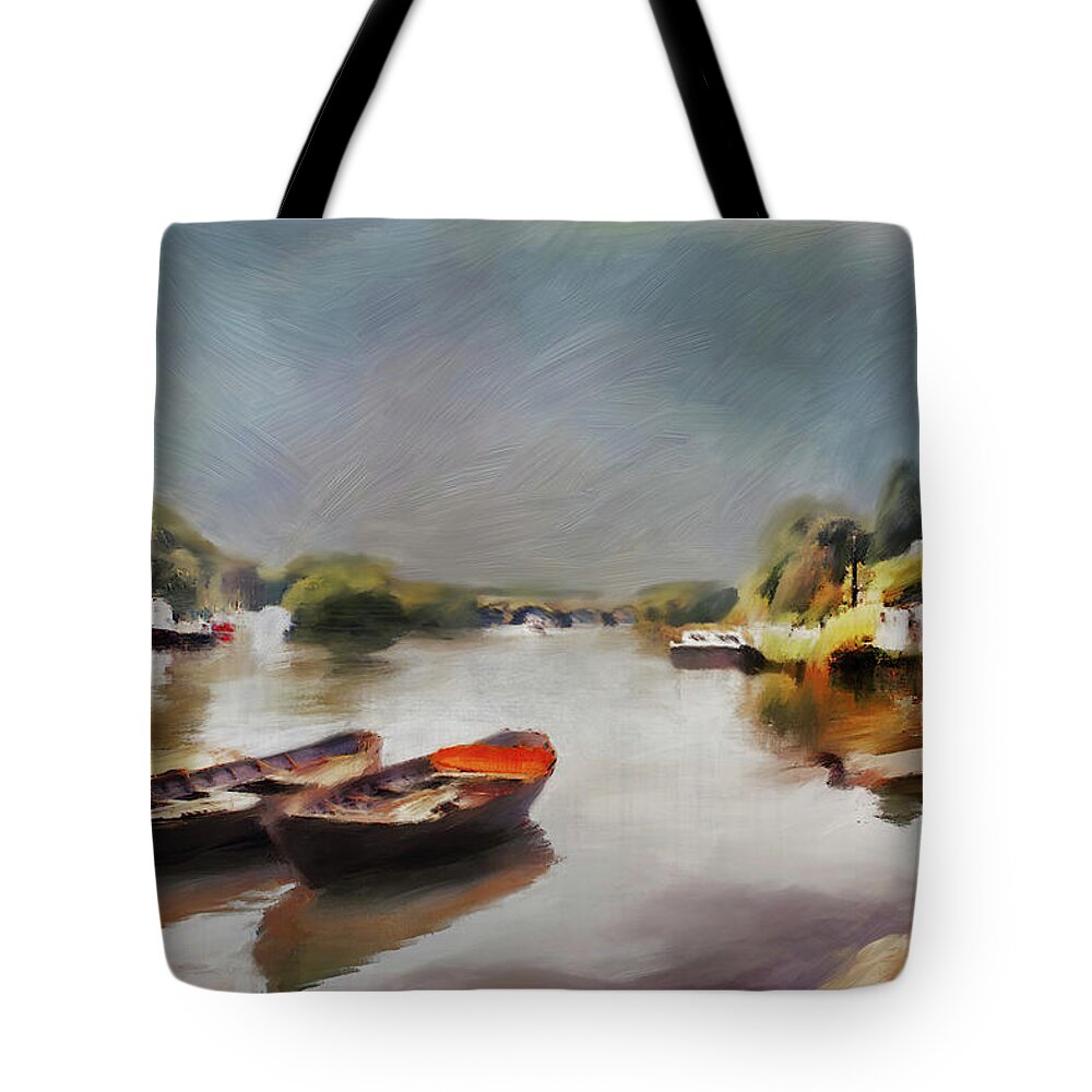 Richmond Tote Bag featuring the digital art Boats on the River at Richmond II by Nicky Jameson